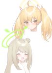  2girls :d :t ^_^ absurdres ahoge bangs blonde_hair blue_archive blush brown_eyes brown_hair closed_eyes closed_mouth eyebrows_visible_through_hair hair_between_eyes hair_bun hair_ribbon halo hand_to_own_mouth hand_up highres long_hair looking_at_viewer multiple_girls nonomi_(blue_archive) open_mouth portrait pout ribbon roido_(taniko-t-1218) side_bun simple_background smile twintails v-shaped_eyebrows white_background white_ribbon yoshimi_(blue_archive) 