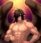  1boy abs bara beckoning black_hair completely_nude crescentia feathered_wings fire_emblem fire_emblem:_radiant_dawn highres large_pectorals male_focus medium_hair muscular muscular_male navel nipples nude pointy_ears scar scar_on_chest sidelocks smile solo stomach textless tibarn_(fire_emblem) wings yellow_eyes 