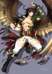 1boy abs bara bare_pecs black_hair boots bulge crescentia exploding_clothes feathered_wings feathers fire_emblem fire_emblem:_radiant_dawn full_body green_jacket jacket knee_boots large_pectorals leather_belt male_focus medium_hair muscular muscular_male navel nipples pants pointy_ears shirt sidelocks smile solo stomach thick_thighs thighs tibarn_(fire_emblem) torn_clothes torn_pants torn_shirt wings yellow_eyes 