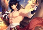  1boy abs bandages bara black_hair cowboy_shot crescentia feather_necklace feathered_wings fingerless_gloves fire_emblem fire_emblem:_radiant_dawn gloves large_pectorals leather_belt looking_at_viewer male_focus medium_hair muscular muscular_male navel nipples pointy_ears scar scar_on_chest shirtless sidelocks smile solo spread_wings stomach tibarn_(fire_emblem) wind wings yellow_eyes 
