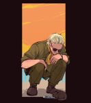  1boy blonde_hair boots cat eating english_text hands_on_own_knees kazuhira_miller looking_at_animal looking_down male_focus metal_gear_(series) metal_gear_solid_peace_walker outdoors plate res_(spkofthdvl) smile solo squatting sunrise watch wristwatch yellow_neckwear 