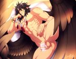  1boy abs ass_visible_through_thighs bar_censor bara black_hair censored completely_nude crescentia elbow_rest feather_necklace feathered_wings fire_emblem fire_emblem:_radiant_dawn flaccid large_pectorals looking_at_viewer lying male_focus medium_hair muscular muscular_male navel nipples nude on_bed on_side pointy_ears sidelocks smug solo spread_legs spread_wings stomach thick_thighs thighs tibarn_(fire_emblem) wings yellow_eyes 