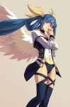  1girl absurdres agrafl angel_wings belt belt_buckle black_legwear black_panties blue_hair buckle dizzy_(guilty_gear) guilty_gear guilty_gear_xrd hair_rings hands_together highres long_hair midriff open_clothes open_skirt panties red_eyes skirt thigh_strap thighhighs twintails underwear very_long_hair wings 