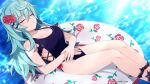  1girl blush breasts flower green_hair hair_flower hair_ornament highres mary_skelter nanameda_kei ocean sleeping_beauty_(mary_skelter) smile solo swimsuit 