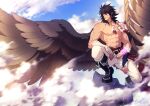  1boy abs bara black_hair censored cloud cloudy_sky crescentia erection feather_necklace feathered_wings fire_emblem fire_emblem:_radiant_dawn full_body large_pectorals leather leather_pants looking_to_the_side male_focus medium_hair muscular muscular_male navel nipples open_pants pants penis pointy_ears shirtless sidelocks sky solo sparkle spread_wings squatting stomach tibarn_(fire_emblem) veins veiny_penis white_pants wings yellow_eyes 