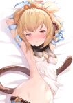  1girl :o ahoge andira_(granblue_fantasy) animal_ears armpits arms_up bangs blonde_hair blue_ribbon blush breasts brown_eyes brown_tail circlet cleavage_cutout clothing_cutout crop_top erune eyebrows_visible_through_hair granblue_fantasy highres kimblee looking_at_viewer lying monkey_ears monkey_girl monkey_tail navel no_bra on_back open_mouth ribbon shirt short_hair shorts sideboob sidelocks small_breasts solo tail tears upper_body white_shirt 