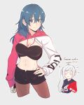  2girls ? alternate_costume bangs black_bra black_shorts blue_eyes blue_hair blush bra breasts brown_legwear byleth_(fire_emblem) byleth_(fire_emblem)_(female) cleavage closed_mouth commentary_request contemporary edelgard_von_hresvelg english_text eyebrows_visible_through_hair fire_emblem fire_emblem:_three_houses grey_background hair_between_eyes hand_on_hip highres hood hood_down hoodie long_hair long_sleeves looking_at_another looking_at_viewer midriff multiple_girls navel pantyhose riromomo shorts side_ponytail simple_background smile standing stomach sweatdrop underwear upper_body white_hair yuri 