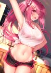  1girl black_shorts blush bra bra_through_clothes bralines breasts hair_ornament hairband hairclip hand_on_hip hand_up heart heart_hair_ornament highres large_breasts long_hair microphone_stand moe2021 open_mouth original pink_bra pink_eyes pink_hair red_hairband see-through shirt shorts simple_background solo stomach underwear wet wet_clothes wet_shirt yunagi_amane 