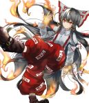  1girl baggy_pants bangs bow buttons collared_shirt fire floating fujiwara_no_mokou hair_bow highres long_hair long_sleeves ofuda pants psyren2 red_eyes red_footwear red_pants shirt shoes sidelocks silver_hair simple_background smile solo suspenders touhou very_long_hair white_background white_bow white_shirt 