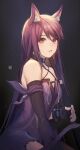  1girl animal_ear_fluff animal_ears arknights bangs bare_shoulders black_background black_choker black_gloves cat_ears choker commentary criss-cross_halter dress fingerless_gloves gloves halterneck highres long_hair looking_at_viewer melantha_(arknights) parted_lips purple_dress purple_hair red_eyes solo upper_body velahka 