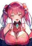  1girl :d bangs breasts eyebrows_visible_through_hair fang hair_ribbon heterochromia hololive houshou_marine large_breasts long_hair looking_at_viewer open_mouth red_eyes red_hair red_neckwear red_ribbon redcomet ribbon simple_background skin_fang smile solo twintails upper_body white_background yellow_eyes 