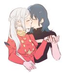  2girls bangs black_shirt blue_hair blush breasts buttons byleth_(fire_emblem) byleth_(fire_emblem)_(female) cheek_kiss cleavage closed_eyes closed_mouth clothing_cutout collar collared_dress collared_shirt commentary_request couple dress edelgard_von_hresvelg fire_emblem fire_emblem:_three_houses from_side hair_between_eyes holding_hands hug kiss long_hair long_sleeves multiple_girls puffy_long_sleeves puffy_sleeves red_dress riromomo shirt short_sleeves side_ponytail sidelocks simple_background smile upper_body white_background white_hair yuri 