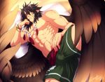  1boy abs ass_visible_through_thighs bara black_hair bulge crescentia elbow_rest feather_necklace feathered_wings fire_emblem fire_emblem:_radiant_dawn green_shorts large_pectorals looking_at_viewer lying male_focus medium_hair muscular muscular_male navel nipples on_bed on_side pointy_ears shirtless shorts sidelocks smug solo spread_legs spread_wings stomach thick_thighs thighs tibarn_(fire_emblem) wings yellow_eyes 