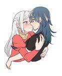  2girls bangs black_shirt blue_eyes blue_hair blush byleth_(fire_emblem) byleth_(fire_emblem)_(female) closed_mouth collar commentary_request couple dress edelgard_von_hresvelg embarrassed eye_contact eyebrows_visible_through_hair face-to-face fire_emblem fire_emblem:_three_houses from_side hair_between_eyes hug long_hair long_sleeves looking_at_another looking_at_viewer multiple_girls puffy_long_sleeves puffy_sleeves purple_eyes red_dress riromomo shirt side_ponytail sidelocks simple_background smile upper_body white_background yuri 
