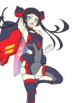  1girl armpits bangs boots covered_navel flat_chest flat_color g_gundam green_eyes gundam head_tilt highres i.takashi looking_at_viewer master_gundam mecha_musume mechanical_wings personification science_fiction short_eyebrows solo thigh_boots thighhighs twintails v-shaped_eyebrows white_background wings 