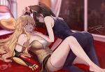  2girls after_kiss ahoge animal_ear_fluff animal_ears ass assertive_female barefoot black_bodysuit blake_belladonna blonde_hair blurry blurry_background blush bodysuit breasts brown_hair cat_ears chin_stroking cleavage couple cup drinking_glass eye_contact face-to-face girl_on_top heart heart-shaped_pupils highres huge_ahoge large_breasts leg_between_thighs long_hair looking_at_another mechanical_arms medium_breasts messy_hair moddedjoker multiple_girls on_bed partially_unzipped prosthesis prosthetic_arm purple_eyes rwby saliva saliva_trail sheet_grab short_hair signature single_mechanical_arm skin_tight sleeveless_bodysuit strap_slip symbol-shaped_pupils wine_glass yang_xiao_long yellow_eyes yuri 