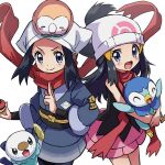  2girls beanie dawn_(pokemon) female_protagonist_(pokemon_legends:_arceus) gen_4_pokemon gen_5_pokemon gen_7_pokemon hat head_scarf holding holding_poke_ball holding_pokemon japanese_clothes kimono kingin looking_at_viewer multiple_girls on_head oshawott pink_skirt poke_ball poke_ball_(legends) pokemon pokemon_(creature) pokemon_(game) pokemon_bdsp pokemon_dppt pokemon_on_head prinplup red_scarf rowlet scarf skirt smile starter_pokemon white_headwear 