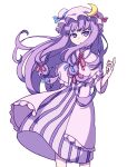  1girl absurdres bangs blue_ribbon cowboy_shot crescent crescent_pin dress eyebrows_behind_hair hair_ribbon hat hat_ribbon highres index_finger_raised kame_(kamepan44231) long_hair looking_at_viewer mob_cap neck_ribbon patchouli_knowledge pink_headwear purple_dress purple_eyes purple_hair red_neckwear red_ribbon ribbon sidelocks simple_background solo standing striped striped_dress touhou white_background 