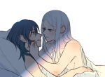  2girls bangs bare_shoulders blanket blue_eyes blue_hair blush breasts byleth_(fire_emblem) byleth_(fire_emblem)_(female) collarbone commentary_request couple edelgard_von_hresvelg eye_contact eyebrows_visible_through_hair face-to-face fire_emblem fire_emblem:_three_houses from_side hair_between_eyes light long_hair looking_at_another lying multiple_girls on_back on_stomach parted_bangs parted_lips pillow purple_eyes riromomo shadow sidelocks simple_background smile upper_body white_background white_hair yuri 