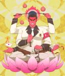  1boy aizen_(tokyo_houkago_summoners) anger_vein bara colored_skin crossed_legs cuffs extra_arms flower flower_request formal full_body handcuffs highres kyouta_22 large_pectorals male_focus mature_male muscular muscular_male necktie necktie_between_pecs pants pink_flower red_skin short_hair sideburns solo suit tokyo_houkago_summoners valentine white_pants white_suit 