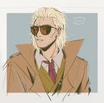  1boy blonde_hair border coat collared_shirt facial_hair kazuhira_miller looking_afar male_focus metal_gear_(series) metal_gear_solid_v mullet necktie parted_lips red_neckwear res_(spkofthdvl) shirt simple_background solo stubble sunglasses sweat tinted_eyewear upper_body vest white_border white_shirt 