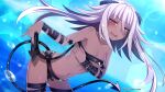  1girl blush dark_skin dark_skinned_female demon_tail hameln_(mary_skelter) highres horns looking_at_viewer mary_skelter nanameda_kei red_eyes solo swimsuit tail 