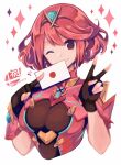  1girl bangs black_gloves breasts chest_jewel earrings fingerless_gloves gloves haruto_yuki jewelry large_breasts letter pyra_(xenoblade) red_eyes red_hair short_hair solo super_smash_bros. swept_bangs tiara xenoblade_chronicles_(series) xenoblade_chronicles_2 