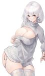  1girl azur_lane blush breasts cleavage duplicate earrings ekaki_no_mime eyebrows_visible_through_hair grey_sweater highres jewelry large_breasts looking_at_viewer medium_hair meme_attire open-chest_sweater red_eyes silver_hair sirius_(azur_lane) solo sweater tagme thighhighs thighs virgin_killer_sweater white_background white_legwear 