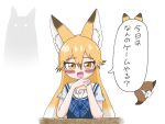  1girl animal_ears blue_dress blue_neckwear blush bow bowtie commentary_request dress extra_ears eyebrows_visible_through_hair ezo_red_fox_(kemono_friends) fox_ears fox_girl fox_tail highres kemono_friends kemono_friends_3 long_hair official_alternate_costume open_mouth orange_eyes orange_hair pemuko plaid_neckwear sailor_collar school_uniform shadow short_sleeves solo speech_bubble tail tail_wagging translation_request white_sleeves 