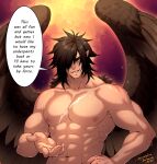  1boy abs bara beckoning black_hair completely_nude crescentia english_text feathered_wings fire_emblem fire_emblem:_radiant_dawn highres large_pectorals male_focus medium_hair muscular muscular_male navel nipples nude pointy_ears scar scar_on_chest sidelocks smile solo stomach tibarn_(fire_emblem) wings yellow_eyes 