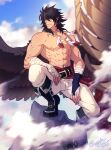  1boy abs bara black_hair bulge cloud cloudy_sky crescentia feather_necklace feathered_wings fire_emblem fire_emblem:_radiant_dawn full_body highres large_pectorals leather leather_pants looking_to_the_side male_focus medium_hair muscular muscular_male navel nipples pants pointy_ears shirtless sidelocks sky solo spread_wings squatting stomach tibarn_(fire_emblem) white_pants wings yellow_eyes 