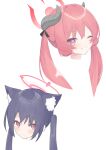  2girls absurdres animal_ear_fluff animal_ears bangs black_hair blue_archive blush cat_ears curled_horns eyebrows_visible_through_hair grin hair_between_eyes halo highres horns junko_(blue_archive) long_hair multiple_girls one_eye_closed portrait purple_eyes red_hair roido_(taniko-t-1218) serika_(blue_archive) simple_background smile twintails white_background 