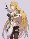  1girl ass back bangs bare_legs bare_shoulders blonde_hair blush breasts butt_crack cowboy_shot dress earrings elbow_gloves envelope from_behind gloves grey_background headpiece jewelry large_breasts long_hair looking_back mythra_(xenoblade) pantyhose seinen short_dress sideboob smash_invitation smile super_smash_bros. swept_bangs thigh_strap tiara very_long_hair white_dress white_gloves xenoblade_chronicles_(series) xenoblade_chronicles_2 yellow_eyes 