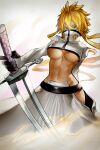  1girl arrancar bleach blonde_hair breasts dark_skin dark_skinned_female espada green_eyes highres holding holding_sword holding_weapon hyuu_(sing-dog) large_breasts long_hair navel solo sword tier_harribel underboob weapon zanpakutou 