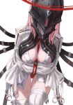  1girl absurdres between_breasts blood breasts cleavage commentary cowboy_shot crossed_arms gold_can highres large_breasts leaning_forward long_hair mask mole mole_on_breast original pink_hair revealing_clothes sharp_teeth solo straitjacket teeth thigh_gap white_background white_legwear 