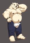  2021 absurd_res anthro belly bottomwear bulge clothing fur hi_res humanoid_hands jumperbear kemono male mammal moobs nipples overweight overweight_anthro overweight_male pants polar_bear simple_background solo underwear ursid ursine white_body white_fur 