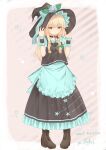  1girl alternate_color aqua_apron aqua_bow black_headwear black_skirt black_vest blonde_hair boots bow braid character_name choker closed_mouth collarbone commentary_request flat_chest full_body green_bow hair_bow hair_ribbon hands_up hat hat_bow highres jewelry kirisame_marisa light_blush light_frown long_hair looking_down marisuku o-ring o-ring_choker pendant pigeon-toed ribbon side_braid simple_background single_braid skirt solo standing star_(symbol) touhou tress_ribbon vest witch_hat wrist_cuffs yellow_eyes 