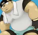  2021 anthro bodily_fluids bottomwear brown_body brown_fur bulge clothing fur humanoid_hands kemono male mammal och5 overweight overweight_anthro overweight_male shirt shorts solo sweat topwear towel ursid 