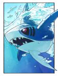  artist_name black_sclera blurry border colored_sclera commentary_request flying gen_3_pokemon odo_7ta open_mouth outside_border partially_underwater_shot pokemon pokemon_(creature) purple_eyes sharp_teeth sharpedo swimming teeth white_border wingull 