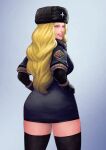  blonde_hair blue_eyes cirenk from_behind hand_on_hip highres kolin long_hair looking_at_viewer russian_clothes smile street_fighter street_fighter_v thighhighs 
