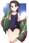  1girl black_eyes black_hair black_swimsuit blue_sky border breasts camouflage chi-hatan_(emblem) closed_mouth cloud cloudy_sky commentary_request day drying emblem girls_und_panzer green_towel hair_tie hamada_(girls_und_panzer) holding holding_towel leg_up looking_at_viewer low_ponytail medium_hair old_school_swimsuit one-piece_swimsuit osamada_meika outdoors outside_border partial_commentary ponytail school_swimsuit sky small_breasts smile solo standing standing_on_one_leg swimsuit towel wet white_border 