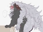  anal anthro blush bodily_fluids canid canine canis clawlion eyes_closed genitals hair hi_res male male/male male_penetrated male_penetrating male_penetrating_male mammal mane mane_hair muscular penetration sweat tongue tongue_out wolf 