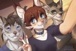  2020 anthro blue_eyes breasts brown_hair clothed clothing collar digital_media_(artwork) felid feline female gesture gottheld_(iskra) hair iskra kordi looking_at_viewer lynx male mammal purple_eyes smile trio v_sign 