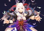 1girl bangs bare_shoulders breasts bug butterfly fire_emblem fire_emblem_heroes flower freyja_(fire_emblem) goat_horns horns insect large_breasts long_hair looking_at_viewer open_mouth red_eyes shoochiku_bai simple_background upper_body white_hair 