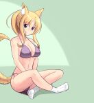  1girl animal_ears bikini blonde_hair boa_(brianoa) breasts cleavage closed_mouth dog_days fox_ears green_eyes highres indian_style large_breasts long_hair looking_at_viewer navel ponytail side-tie_bikini sitting smile socks solo swimsuit tail white_legwear yukikaze_panettone 