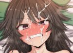 1girl bed_sheet blush bow brown_hair clenched_teeth crying crying_with_eyes_open cum cum_on_hair facial hair_bow implied_rape long_hair looking_at_viewer lying mamerakkkkko nude on_back on_bed portrait purple_eyes reiuji_utsuho solo tears teeth touhou 