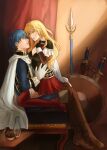  1boy 1girl ahoge armor blonde_hair blue_eyes blue_hair breasts brown_dress brown_gloves cape chair cleavage commentary couple curtains detached_sleeves dress earrings eye_contact fingerless_gloves finn_(fire_emblem) fire_emblem fire_emblem:_genealogy_of_the_holy_war gloves hands_on_another&#039;s_hips hetero indoors jewelry lachesis_(fire_emblem) lips long_hair long_sleeves looking_at_another medium_breasts miniskirt parted_lips polearm red_curtains red_legwear red_skirt shadow sheath sheathed shield short_hair shoulder_armor sitting sitting_on_lap sitting_on_person skirt spear sword tamafries tamafry teeth weapon white_cape white_gloves yellow_eyes 