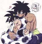  2boys animal_costume animal_ears animal_print bare_pecs black_eyes black_hair blush bottle broly_(dragon_ball_super) cherry_(cherrymoon26) chinese_zodiac couple cow cow_boy cow_costume cow_ears cow_horns cow_print crossed_legs dark_skin dark_skinned_male dragon_ball dragon_ball_super feet_out_of_frame grabbing happy_new_year horns interracial male_focus mature_male milk_bottle multiple_boys muscular muscular_male new_year open_clothes pectoral_grab pectorals short_hair sitting son_goku spiked_hair year_of_the_ox 