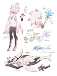  1girl absurdres armlet ass breasts character_sheet circlet colored_skin commentary coral fewer_digits fish fish_girl from_behind full_body highres holding holding_staff inu_fuji jellyfish large_breasts monster_girl multicolored multicolored_skin original pink_skin red_eyes staff suction_cups swimming symbol_commentary tentacle_hair thighlet translation_request webbed_feet webbed_hands 
