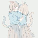  2girls animal_ears arms_around_neck blue_eyes blue_shirt blush cat_ears cat_tail commentary_request eyebrows_visible_through_hair facing_another grey_hair holding_another&#039;s_tail long_sleeves looking_at_another medium_hair multiple_girls nekoya_saki original school_uniform shirt simple_background smile standing tail tail_grab yuri 